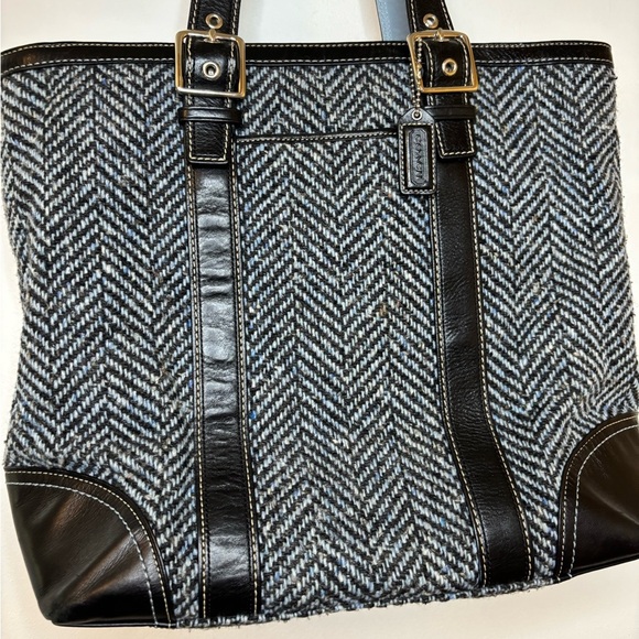Coach Hampton Blue Black Wool Tweed Leather Trim Tote - Picture 4 of 10